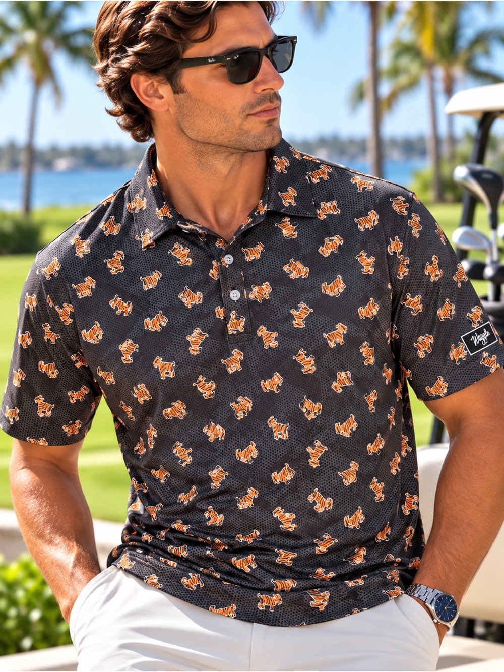 Waggle Tiger Print Performance Golf Polo 2XL Black Orange Novelty #651